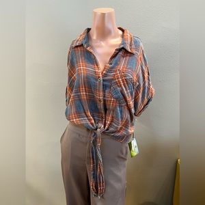 Sneak Peek oversized plaid boyfriend button up with tie